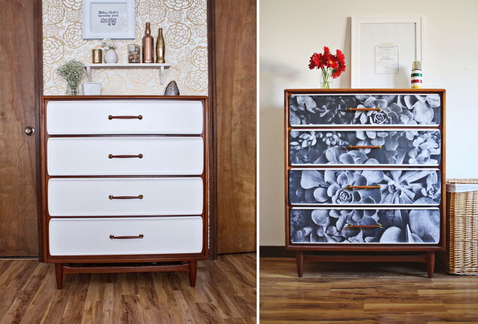 Uma cômoda coberta com papel de parede fotográfico