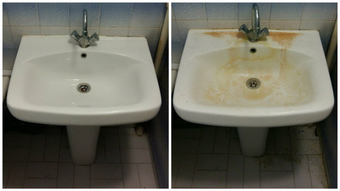Pia antes e depois da limpeza com água sanitária
