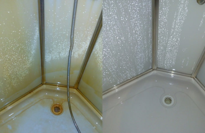 Cabine de chuveiro antes e depois do tratamento com Sanox Ultra