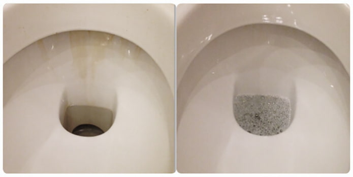 Vaso sanitário antes e depois da limpeza com ácido bórico