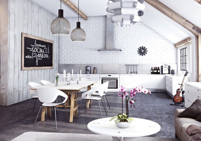 parede de tijolo branco no interior da cozinha
