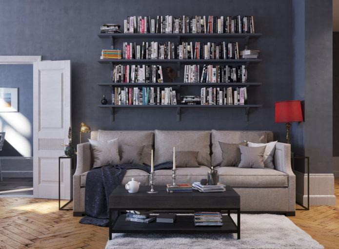 estantes de livros no interior da sala de estar