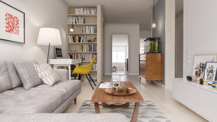 Sala de estar com um aquário em uma cômoda
