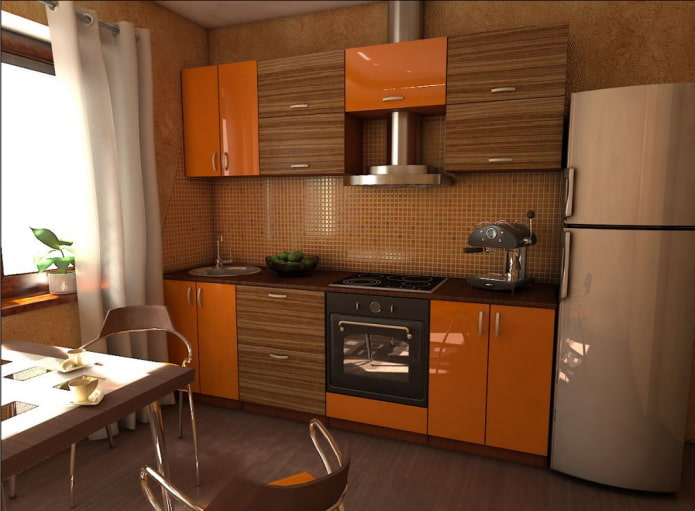interior de cozinha marrom com detalhes brilhantes