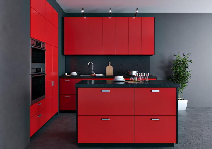 interior da cozinha em tons de cinza e vermelho