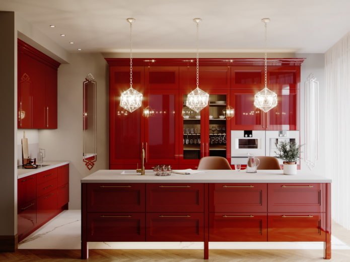 interior da cozinha em tons de vermelho