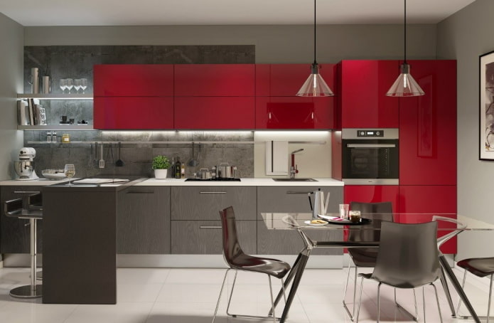 interior da cozinha em tons de cinza e vermelho