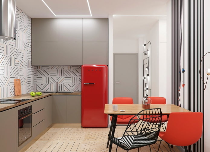 interior da cozinha com detalhes em vermelho