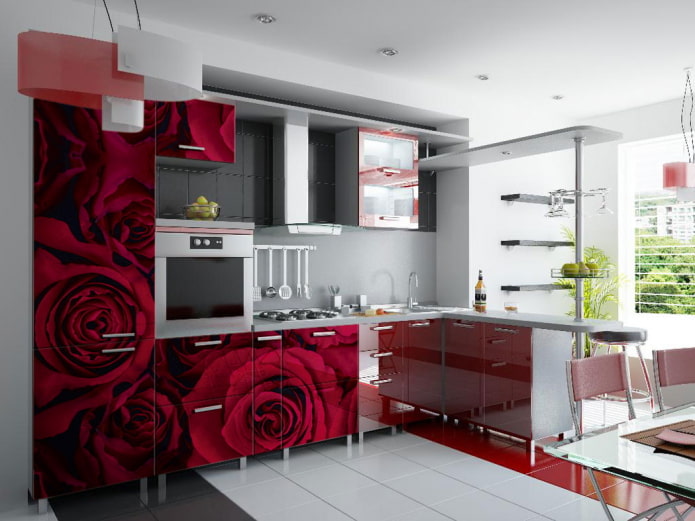 interior de cozinha vermelha em estilo moderno
