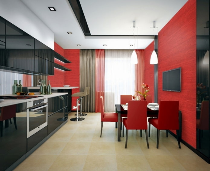 cortinas para uma cozinha vermelha e preta