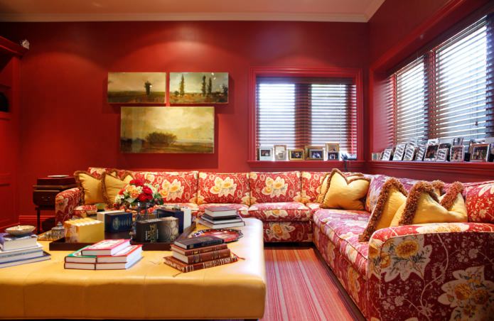 Sofá vermelho e amarelo com estampa