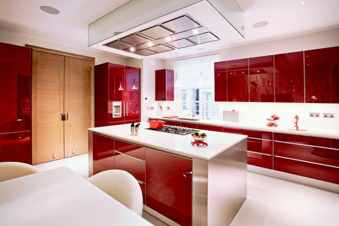 cozinha moderna em tons de vermelho e branco