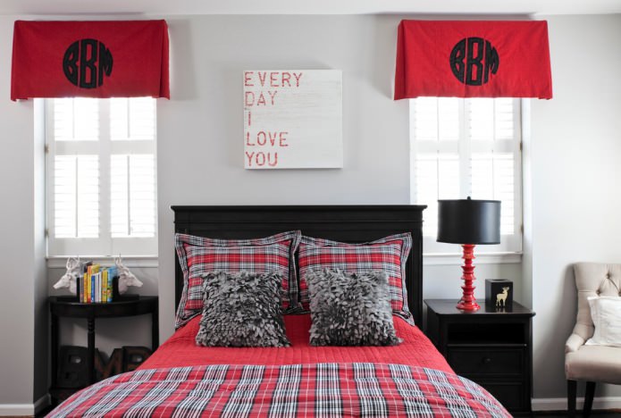 Interior de quarto preto-cinza-vermelho