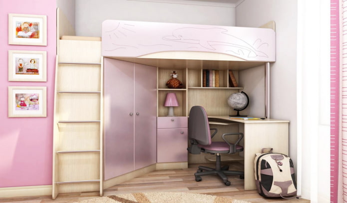 cama bege e lilás em um quarto infantil