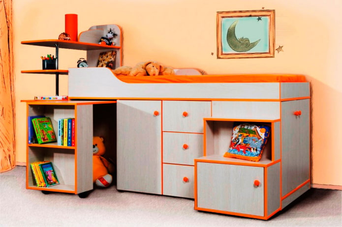 conjunto de móveis infantis cinza com bordas laranja