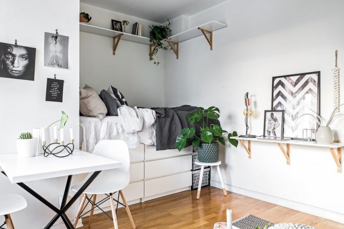 nicho com cama no interior em estilo escandinavo