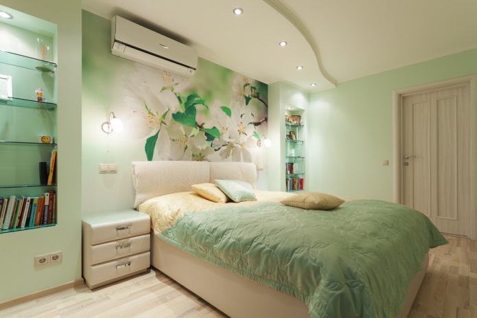 papel de parede fotográfico em um nicho com cama no interior