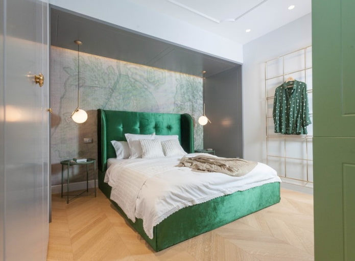 cama verde em o interior do quarto