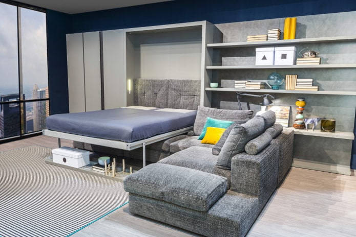 guarda-roupa cama com sofá no interior