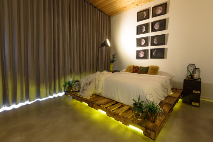 cama pódio de madeira no interior