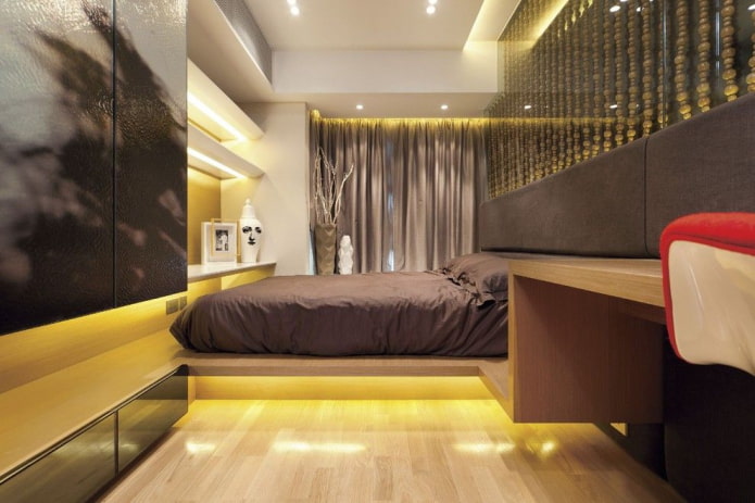 cama de madeira em estilo alta tecnologia