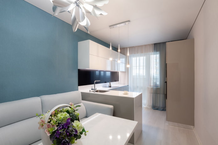 design de uma cozinha-sala de estar retangular