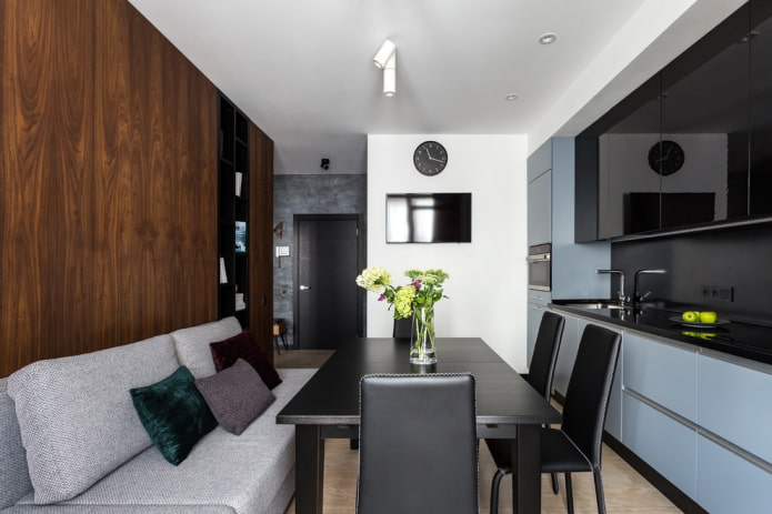 design de uma cozinha-sala de estar retangular