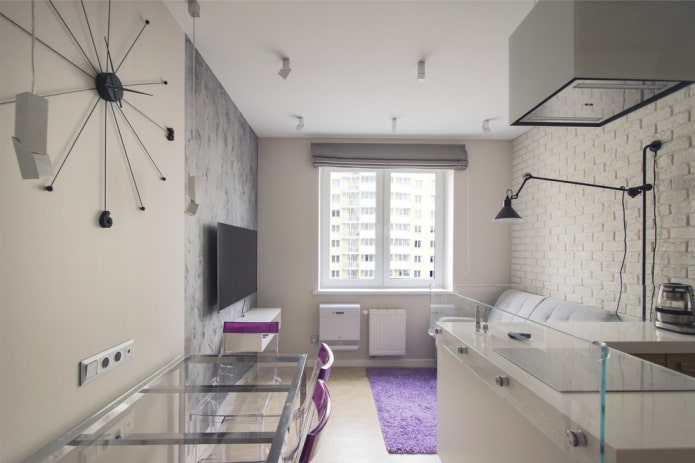 design de uma cozinha-sala de estar retangular