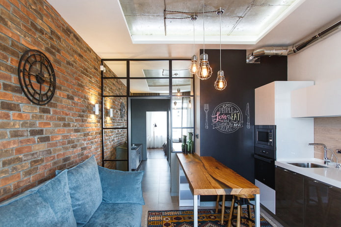 zoneamento de uma cozinha-sala de estar de 12 metros quadrados