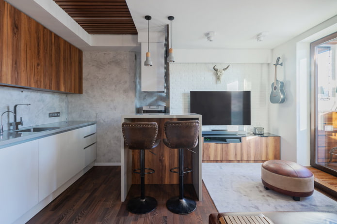 zoneamento de uma cozinha-sala de estar de 12 metros quadrados