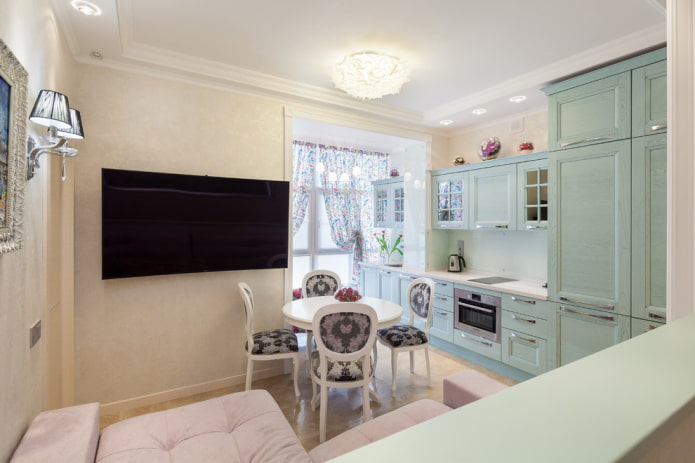 cozinha-sala de estar interior com varanda