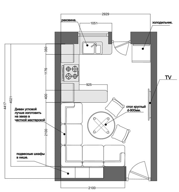planejando uma cozinha-sala de estar de 12 metros quadrados