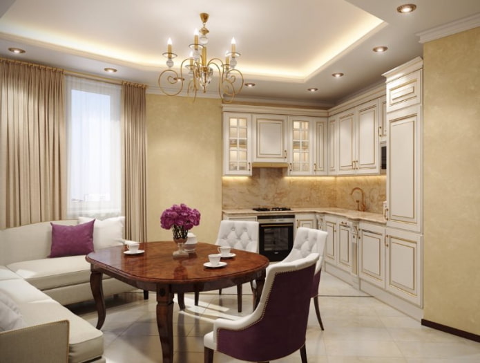 design de cozinha e sala de estar em estilo clássico