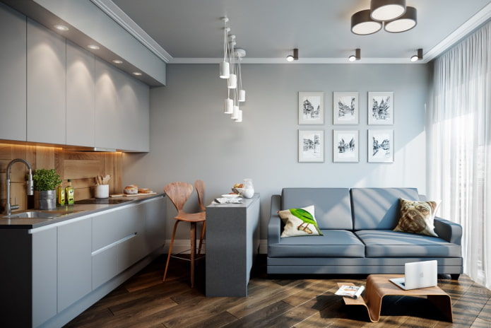 design de interiores de cozinha e sala de estar