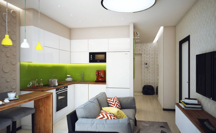 Design de cozinha e sala de estar em estilo moderno
