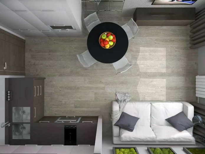 Layout de uma cozinha-sala de estar