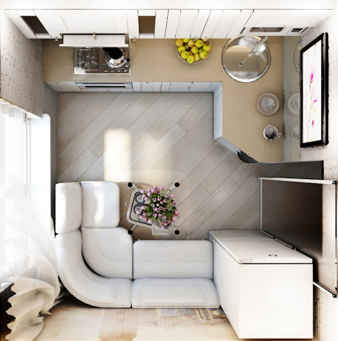 Layout de uma cozinha-sala de estar com um sofá de canto