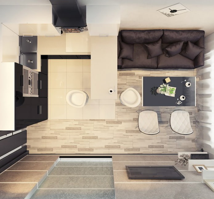Layout de cozinha e sala de estar com balcão de bar
