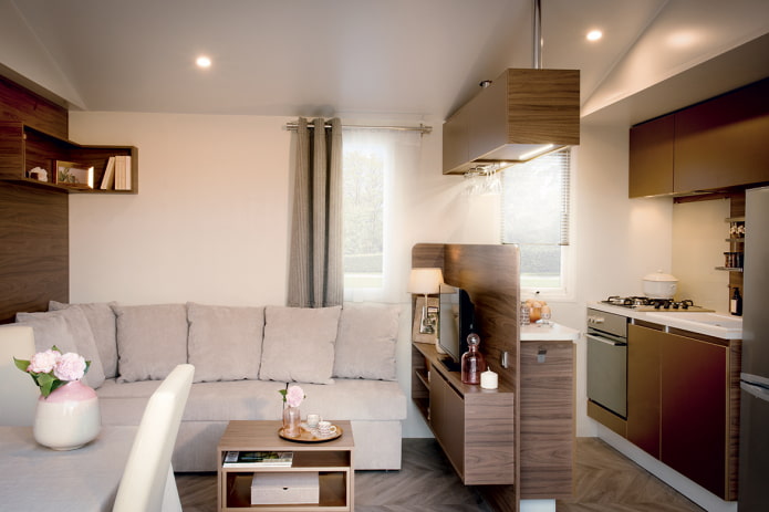 zoneamento de uma cozinha-sala de estar de 15 metros quadrados