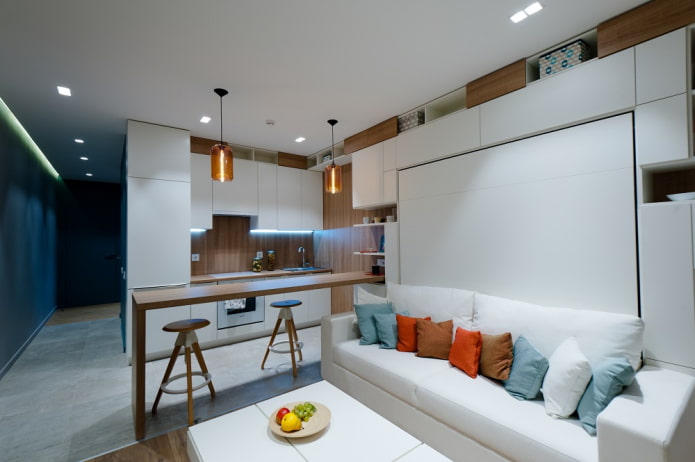 zoneamento de uma cozinha-sala de estar de 15 metros quadrados