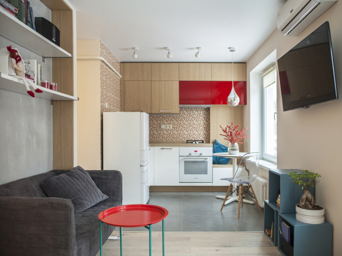 projeto de uma pequena cozinha combinada com uma sala de estar