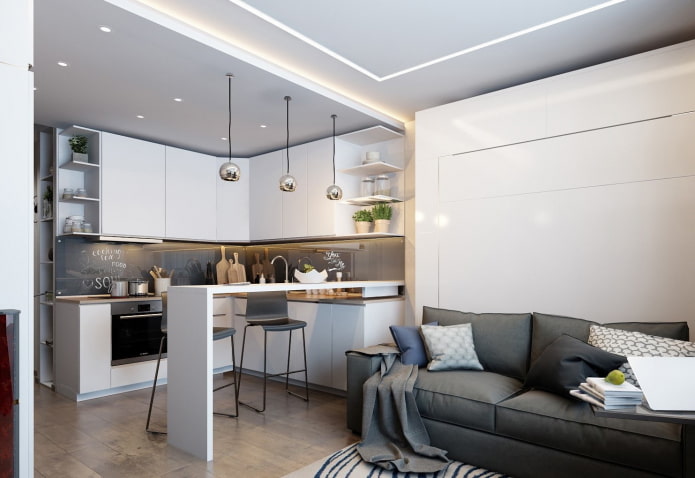 zoneamento de uma cozinha-sala de estar de 15 metros quadrados