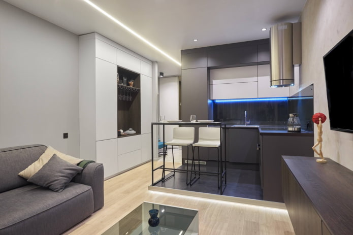 zoneamento de uma cozinha-sala de 15 quadrados