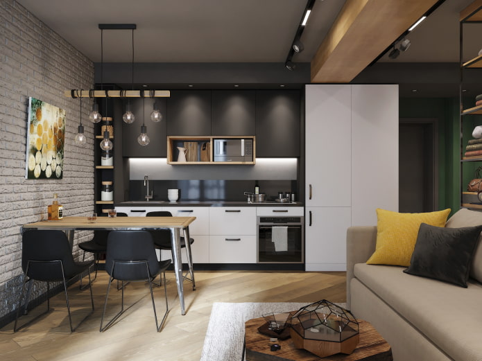 interior de uma cozinha-sala de estar de 15 metros quadrados em estilo loft