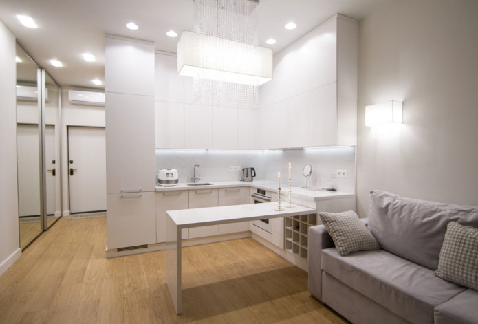 interior da cozinha-sala de 15 metros quadrados em estilo high-tech