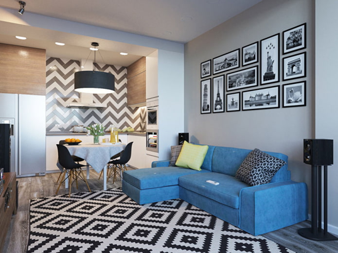 interior de uma cozinha-sala de estar de 15 metros quadrados em estilo escandinavo