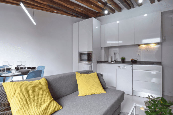 design de cozinha e sala de estar com 15 metros quadrados