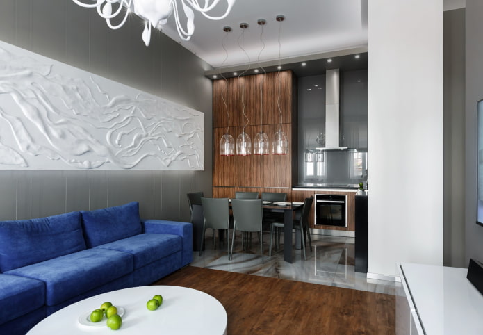 interior de uma cozinha-sala de estar de 15 metros quadrados em estilo moderno