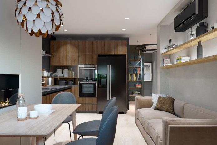 design de cozinha e sala de estar com 15 metros quadrados