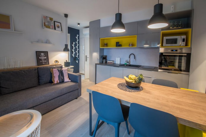 arranjo de uma cozinha-sala de estar de 16 metros quadrados